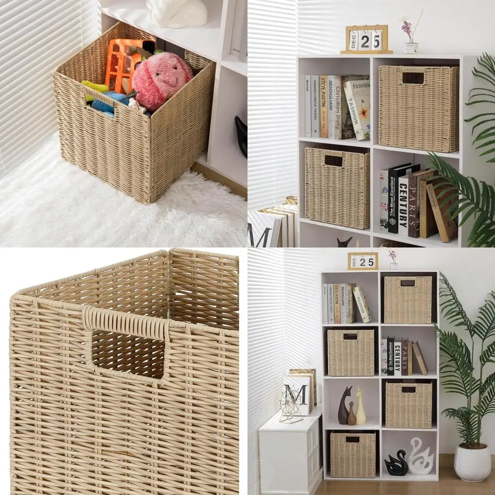 

Collapsible Square Wicker Cube Storage Baskets Set of 3, Beige Rattan Baskets for Shelves