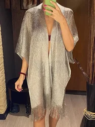 Vestido playero para mujer, Túnica Sexy con borlas doradas, transparente, caftán, novedad de verano, 2024
