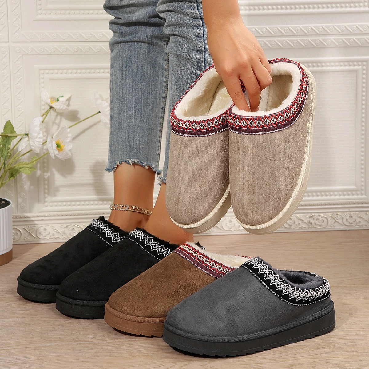 Women Slippers 2024 New Winter Cashmere Warm Snow Boots for Women Thick Soles Cotton Slippers Slides Women Zapatos De Mujer