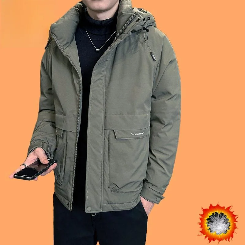 

Men's Winter down Jacket New National Standard Hooded Casual Stylish Workwear Short Length Grey Duck down Filled Coat