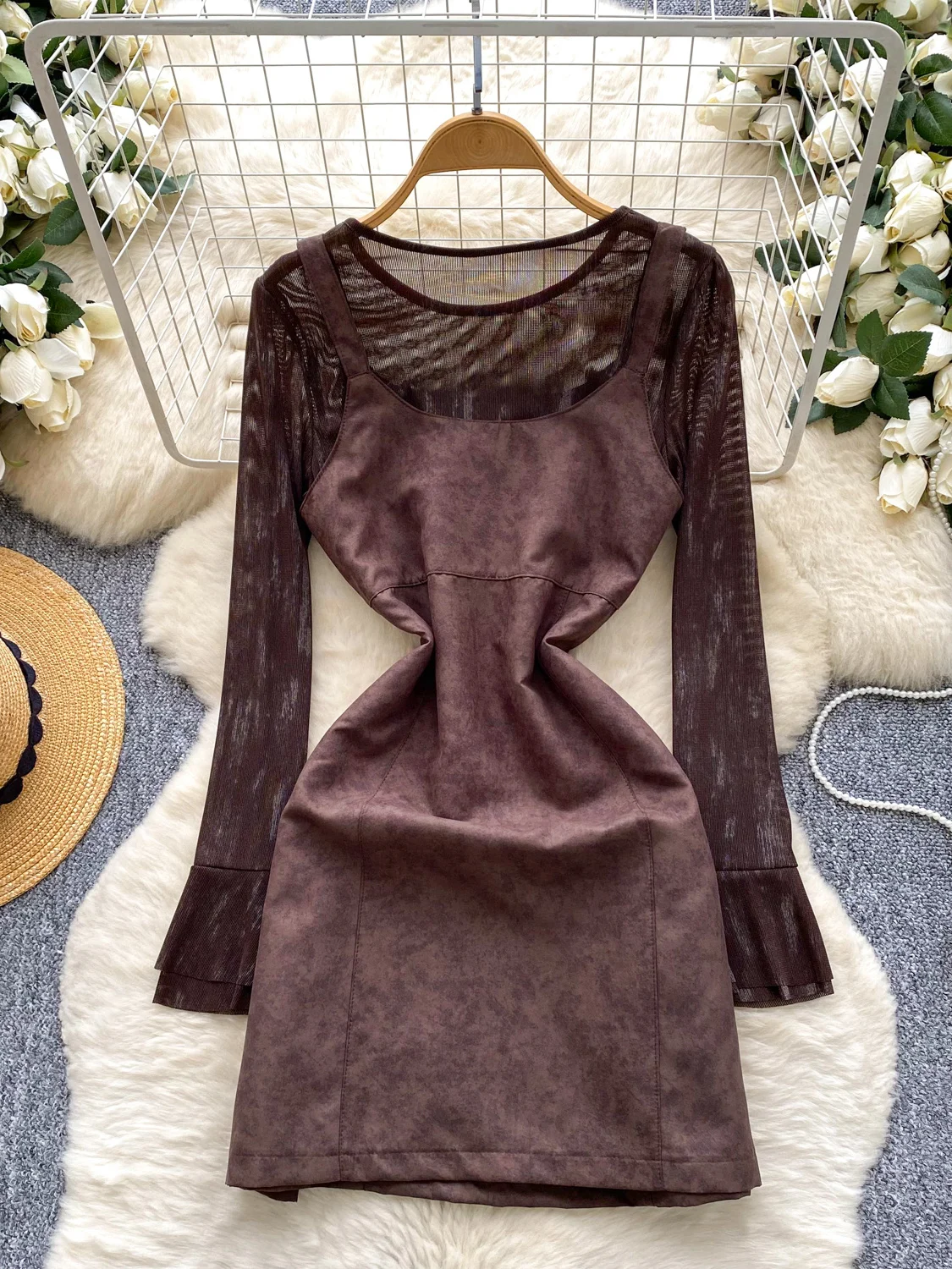 الرجعية الثقيلة Embellied الجلد المدبوغ الدكتور رقيقة لي أعلى قطعتين مجموعة عالية الخصر مربوط حزام سترة ألف خط تنورة طويلة Sve تخفيف #4