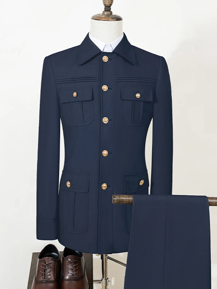 

ST Cassy blue Elegant Men's suit Classic Fit Multi Buckle Multi Pocket Casual Business Set Men's 2-piece Set