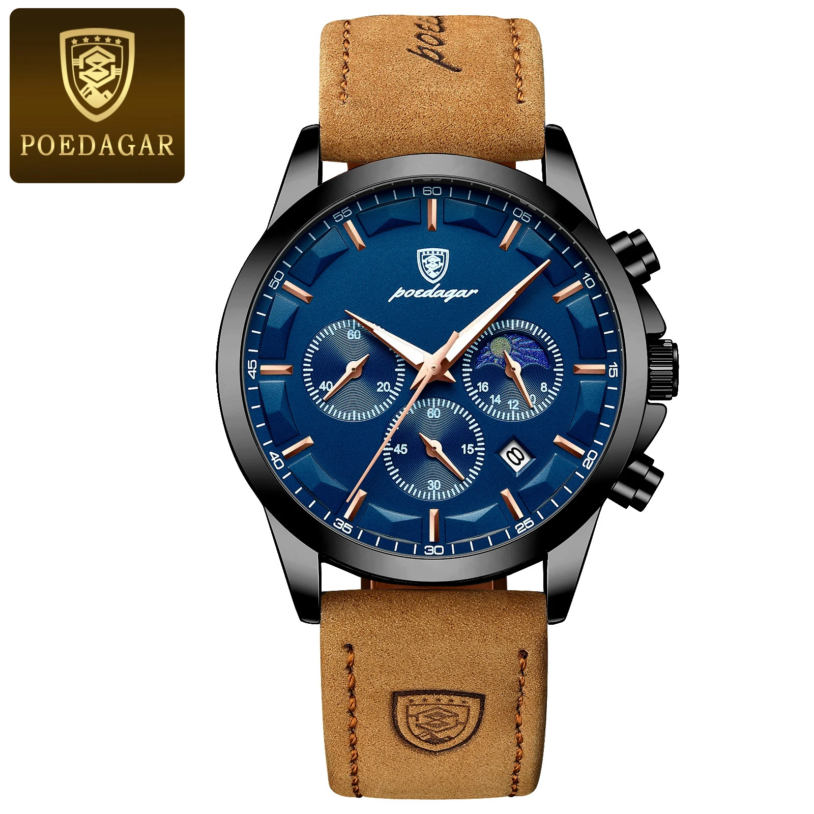 POEDAGAR Sport Luxus Männer Quarzuhr Wasserdicht Chronograph Leucht Datum Mann Armbanduhr Business Leder herren Uhren Uhr 5