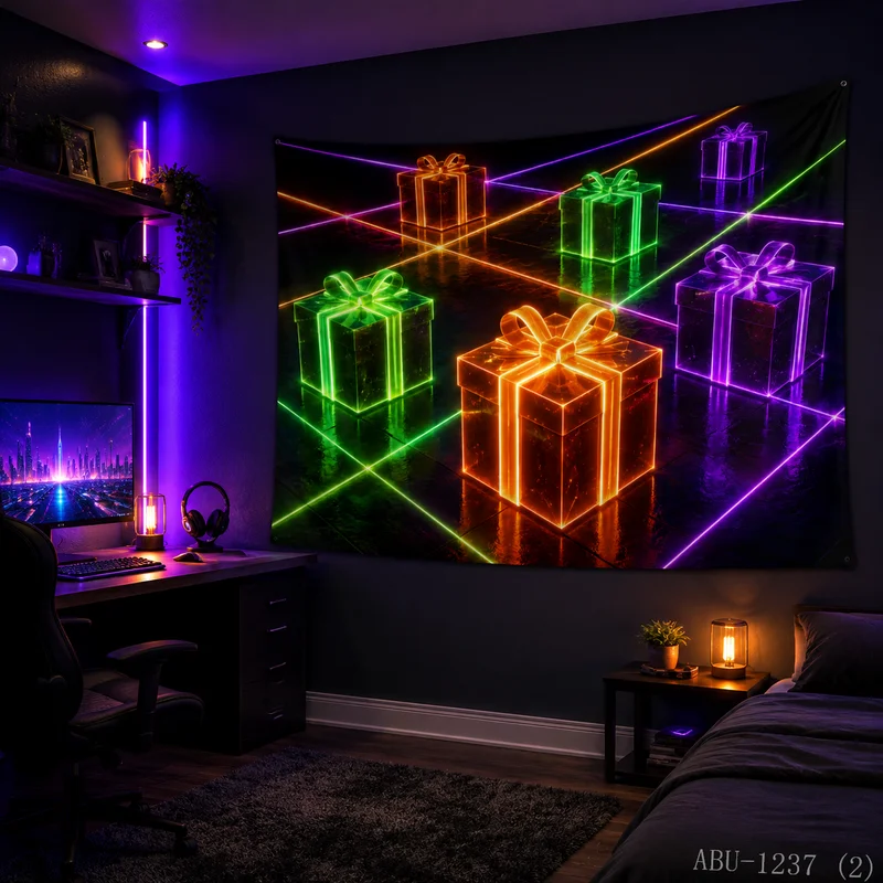 VIKAMA Cyber Neon Line Perspective Mirror Gift Box Festival Christmas Tapestry HD Background Wall Room Decoration