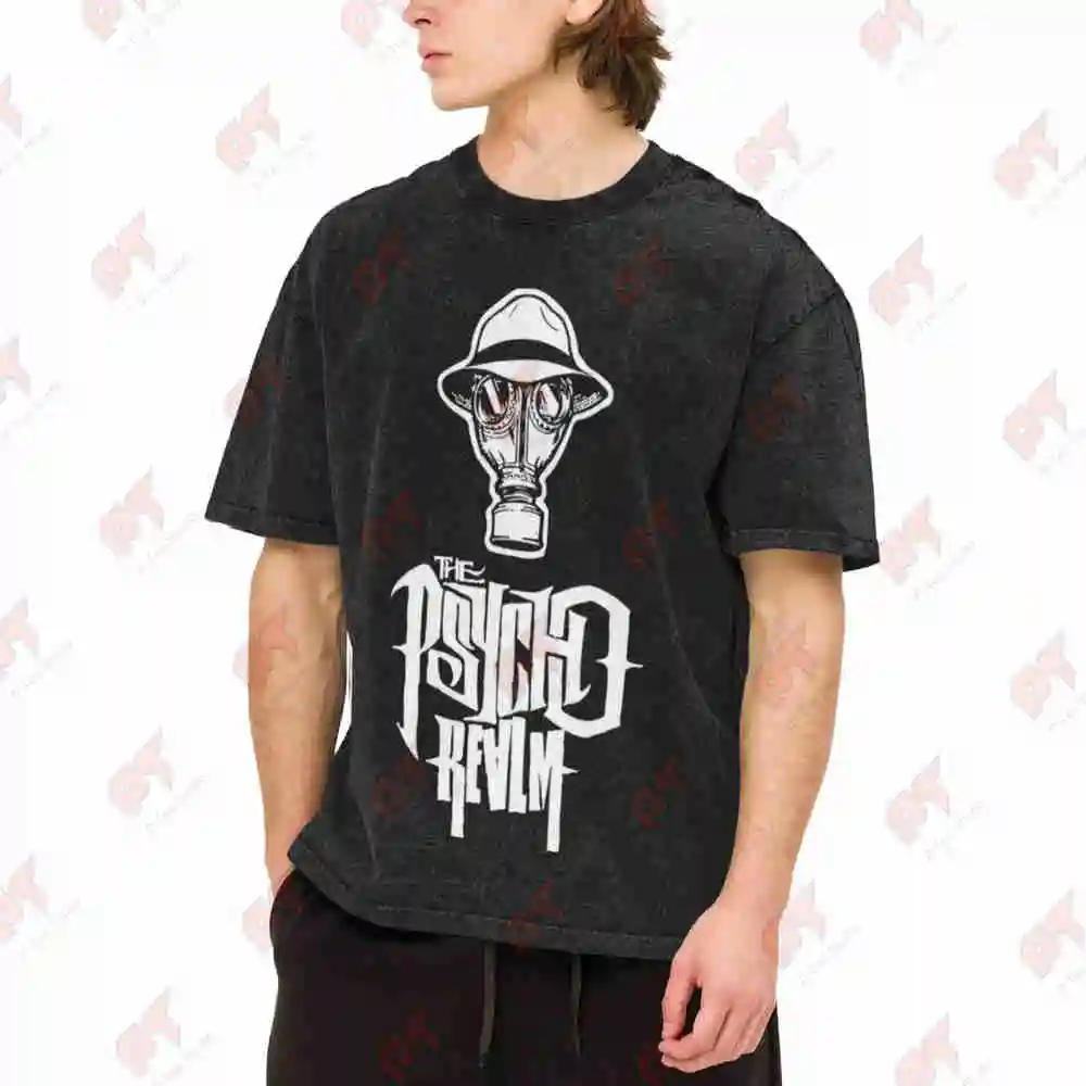 Psycho Realm Heavyweight Bold Geometric Vintage Washed Tee Pure Cotton T-Shirt