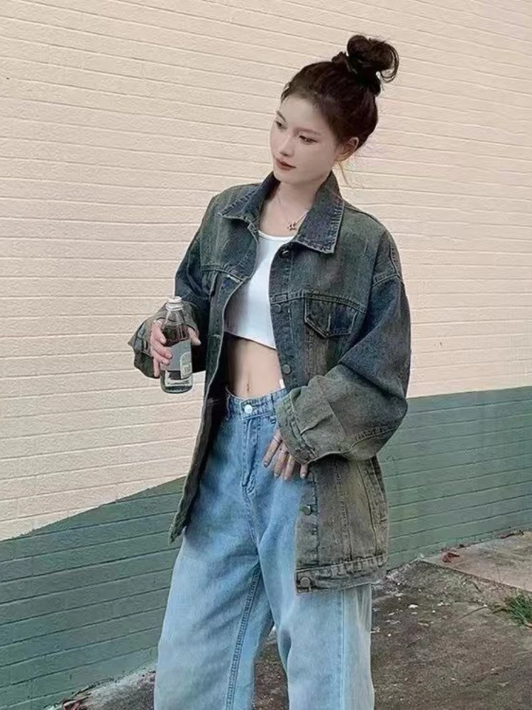 Vintage Wash Distressed Denim For Women - Loose Fit Casual Workwear Style Spring/autumn Fashion Outerwear