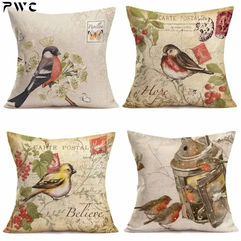 Bird magpie retro printed linen pillowcase sofa cushion cover home decoration can be customized for you 40x40 50x50 45x45