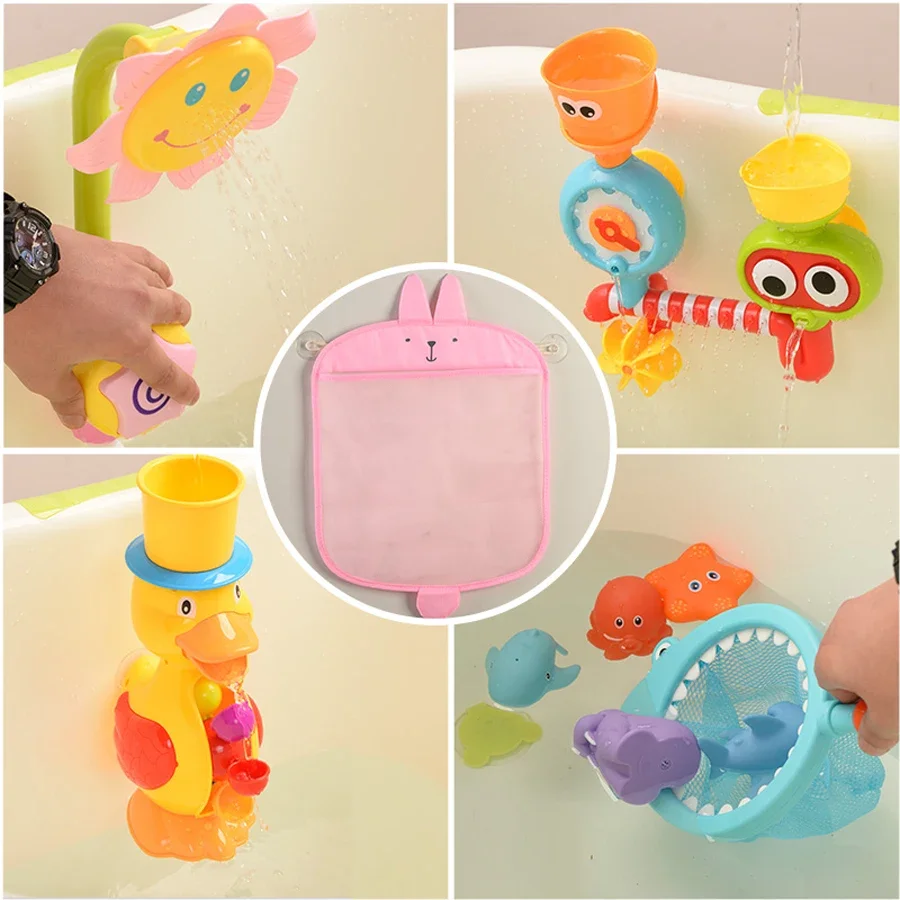 Nuevo bolso de malla para baño de bebé, diseño de ventosa para juguetes de baño, cesta para niños, formas de animales de dibujos animados, tela, juguetes de arena, bolsa de red de almacenamiento