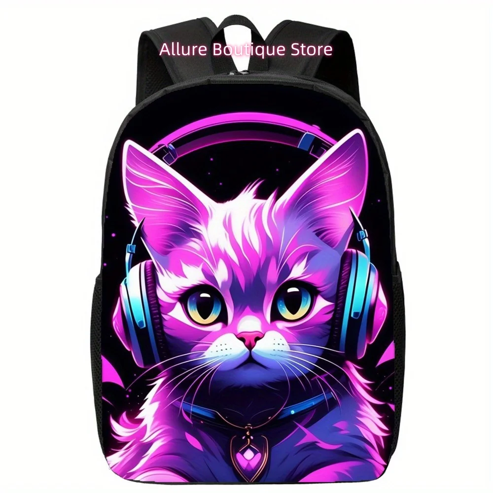Lightweight And Colorful Casual Backpack for Men And Women, Perfect for Outdoor Activities Like Cyber neon cartoon cat pattern