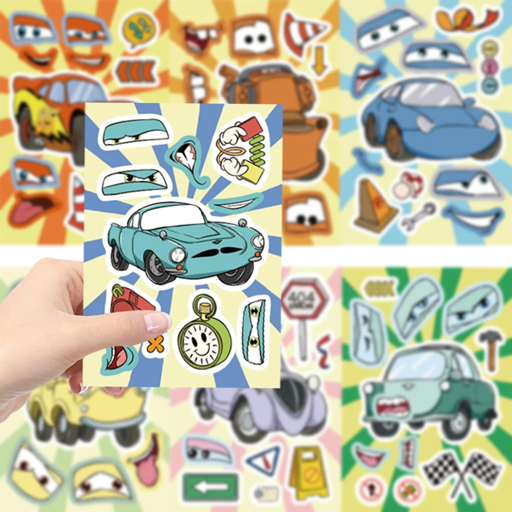 8/16/24pcs Disney Cars Make-a-Face Puzzle Sticker DIY Phone Laptop Luggage Skateboard Graffiti Decals Fun for Kid Gift﻿