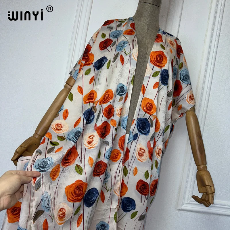 WINYI High-quality Print Silk feel Dress with belt Beach Wear Boho Cardigan abaya women muslim dress Long Sleeve Kimono