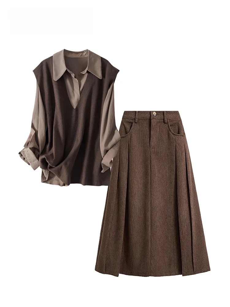 

plus Size Knitted Top And Skirt Set Women's Vintage Fake Two-Piece Spring Faion plus Size Sister High Waist Loose Fit Commute