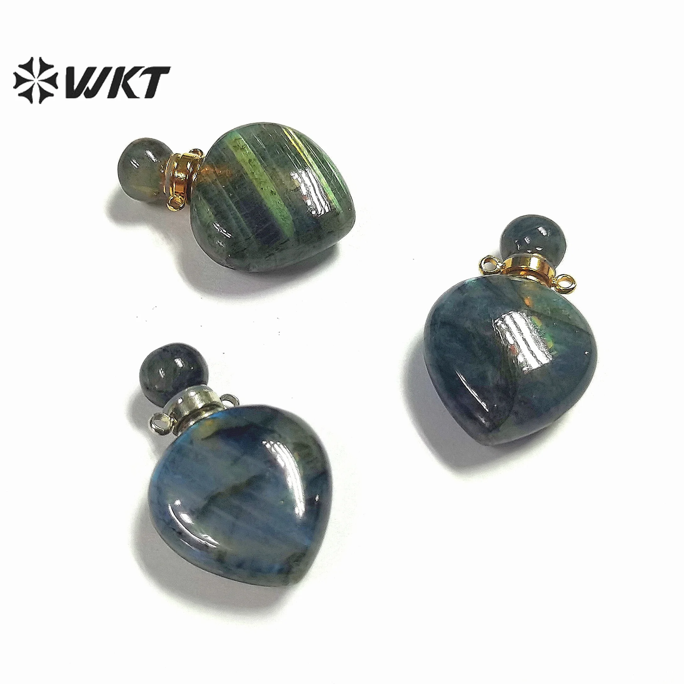 WT-P1796 Wholesale Natural Labradorite Stone Perfume Bottle Pendant With Gold Plated Heart Shape Double Hoops For Necklace DIY