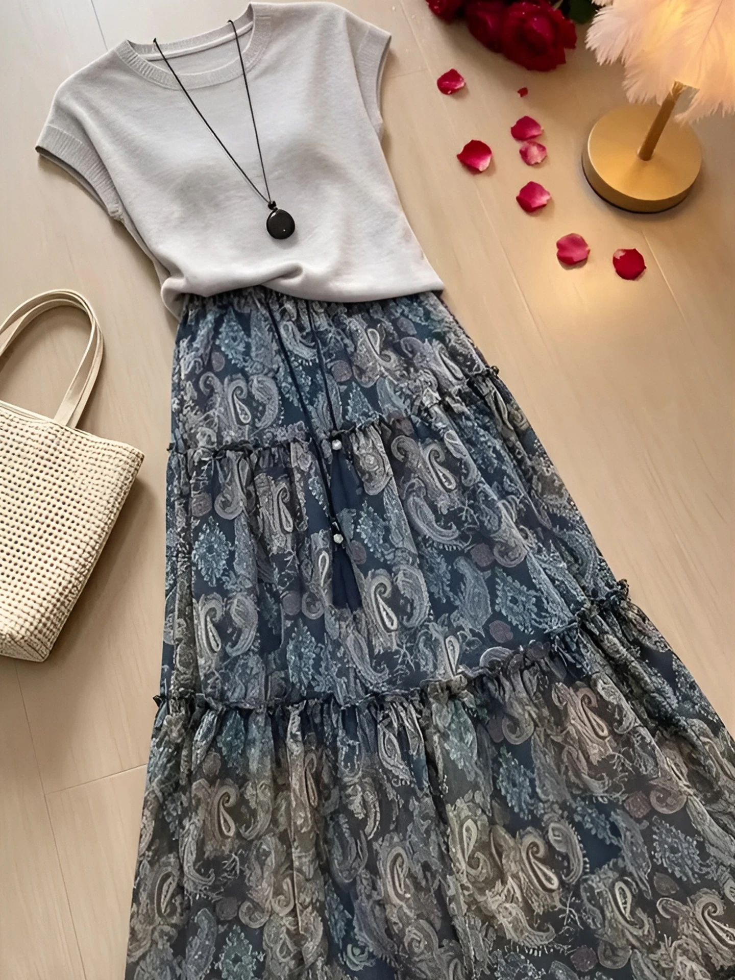

Summer Fashionable Skirt Set High Waist Short Sleeve round Neck T-Shirt Long Dress Two-Piece Set Trendy Outfit Casual Wear