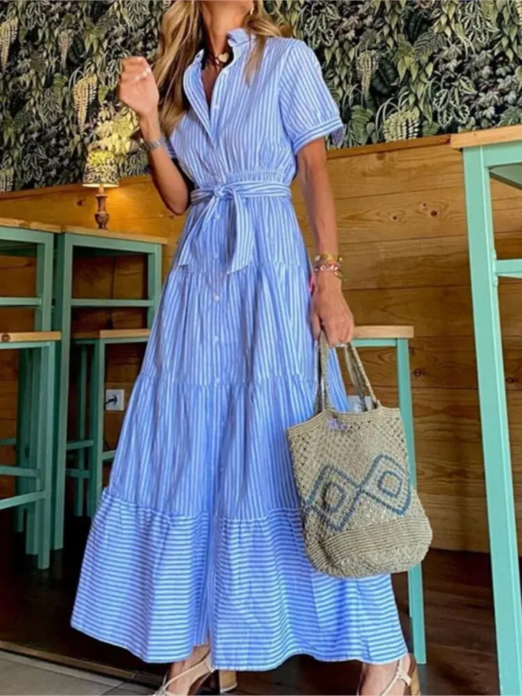 

Fashion Striped Print Short-sleeved Loose Long Dress For Women 2024 Summer Casual Preppy style Lace-up Shirt Dresses Robe Femme