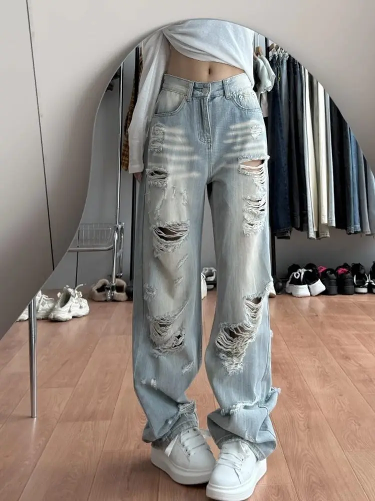 بنطلون جينز ممزق من American High Street Sle للرجال والنساء صيفي جديد فضفاض وواسع الساق للتخسيس طويل القامة بألوان فاتحة للأولاد... #3