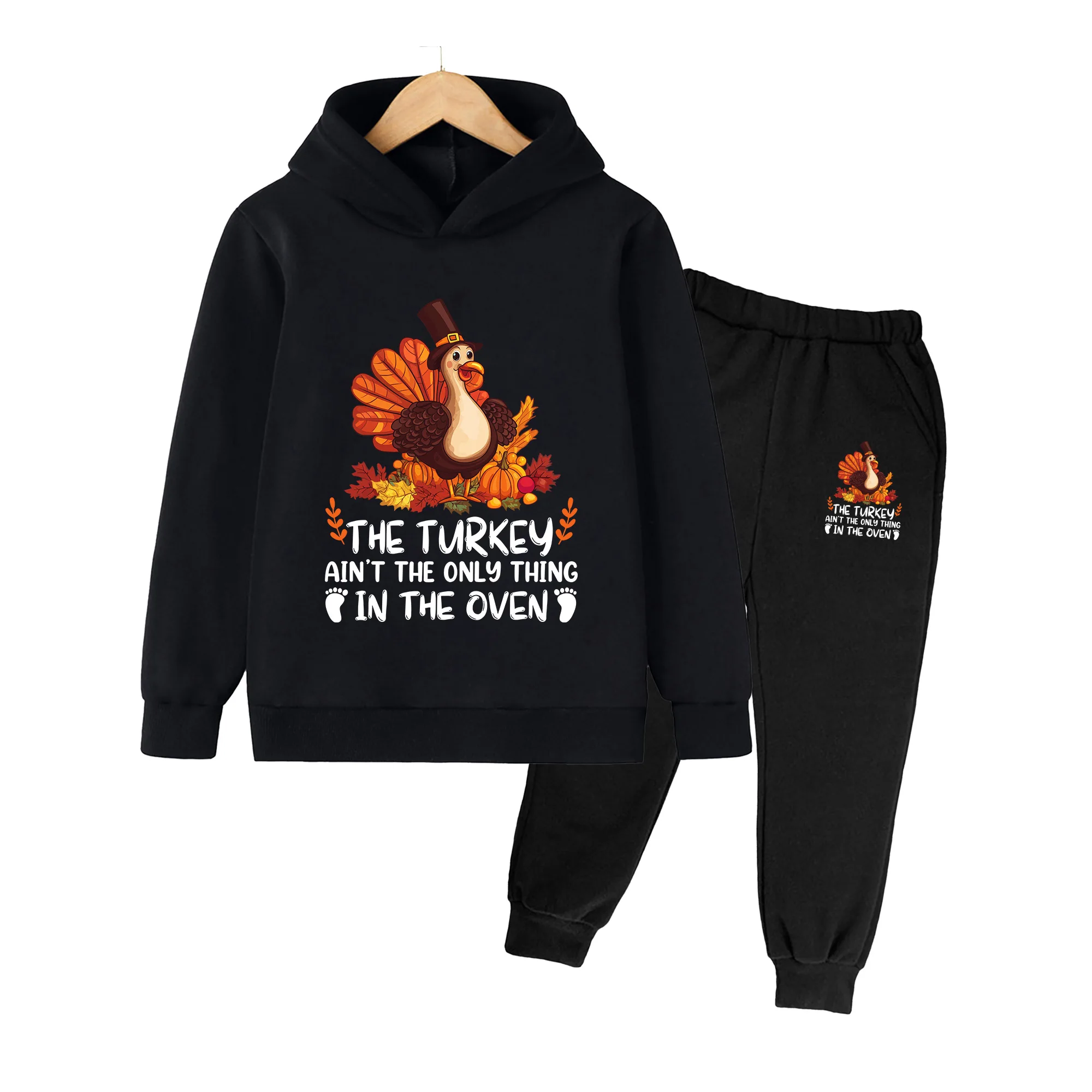 Kids Thanksgiving Turkey Print Hoodie & Sweatpants Set, Long Sleeve Outfit for Boys Girls Fall Winter Casual Wear