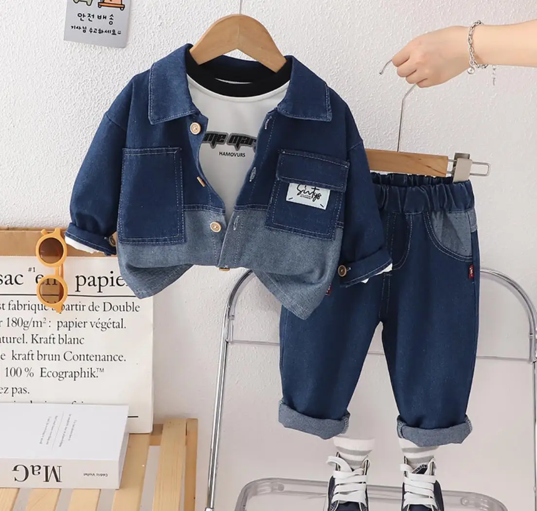 

Children Designer Clothing Suits Toddler Boys Outfits Double Pocket Denim Jacket White T-shirts Pants 3Pcs Kids Bebes Tracksuits