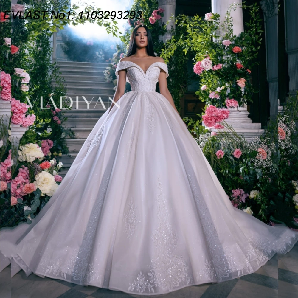 

EVLAST Customized Vintage A Line Wedding Dress Off Shoulder Lace Applique Crystal Beaded Shiny Bridal Gown Robe De Mariee TBD133