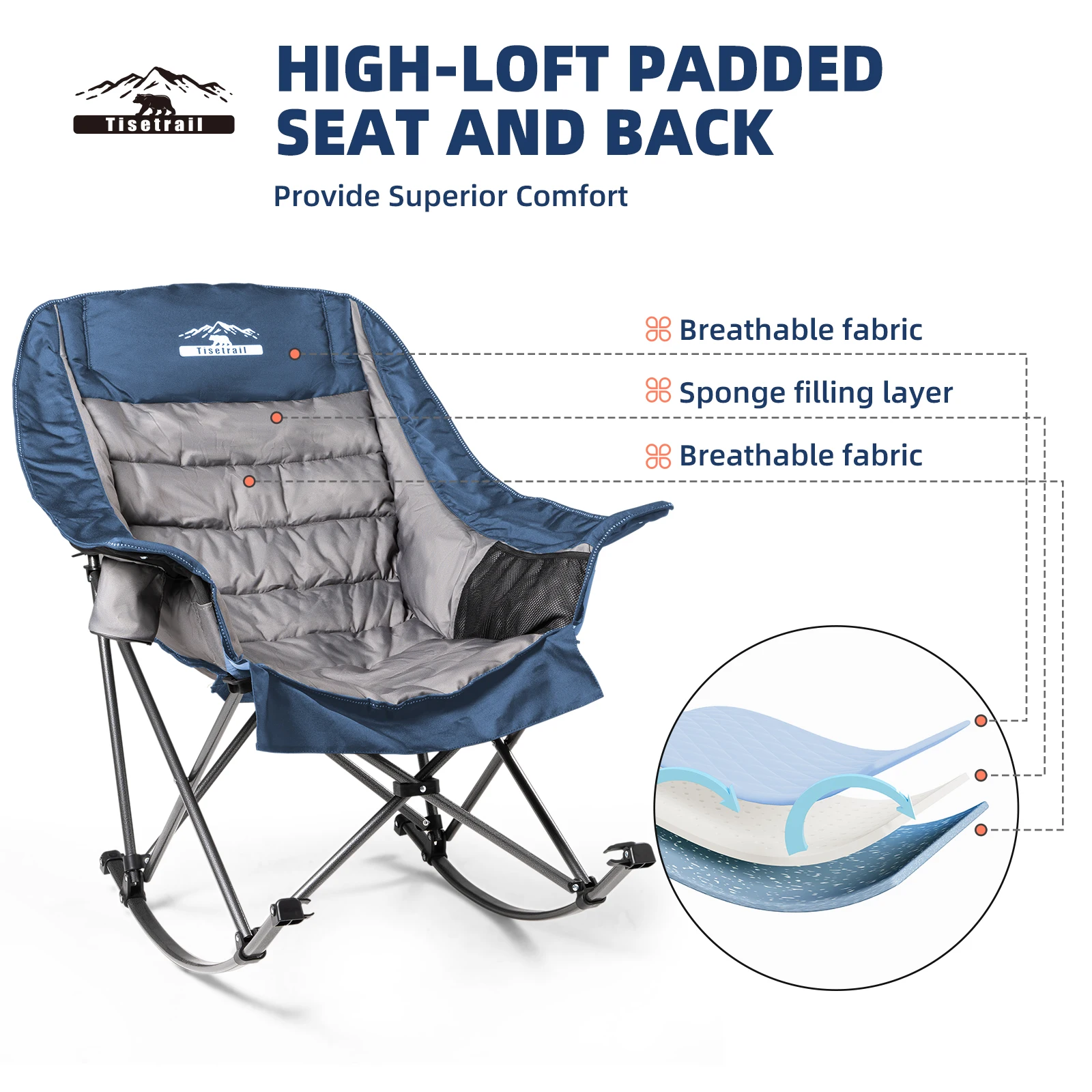 Tisetrail Oversized Rocking Camping Chair, Fully Padded Camp Chairs for Adults with Side Pocket and Cup Holder Heavy-Duty 400lbs