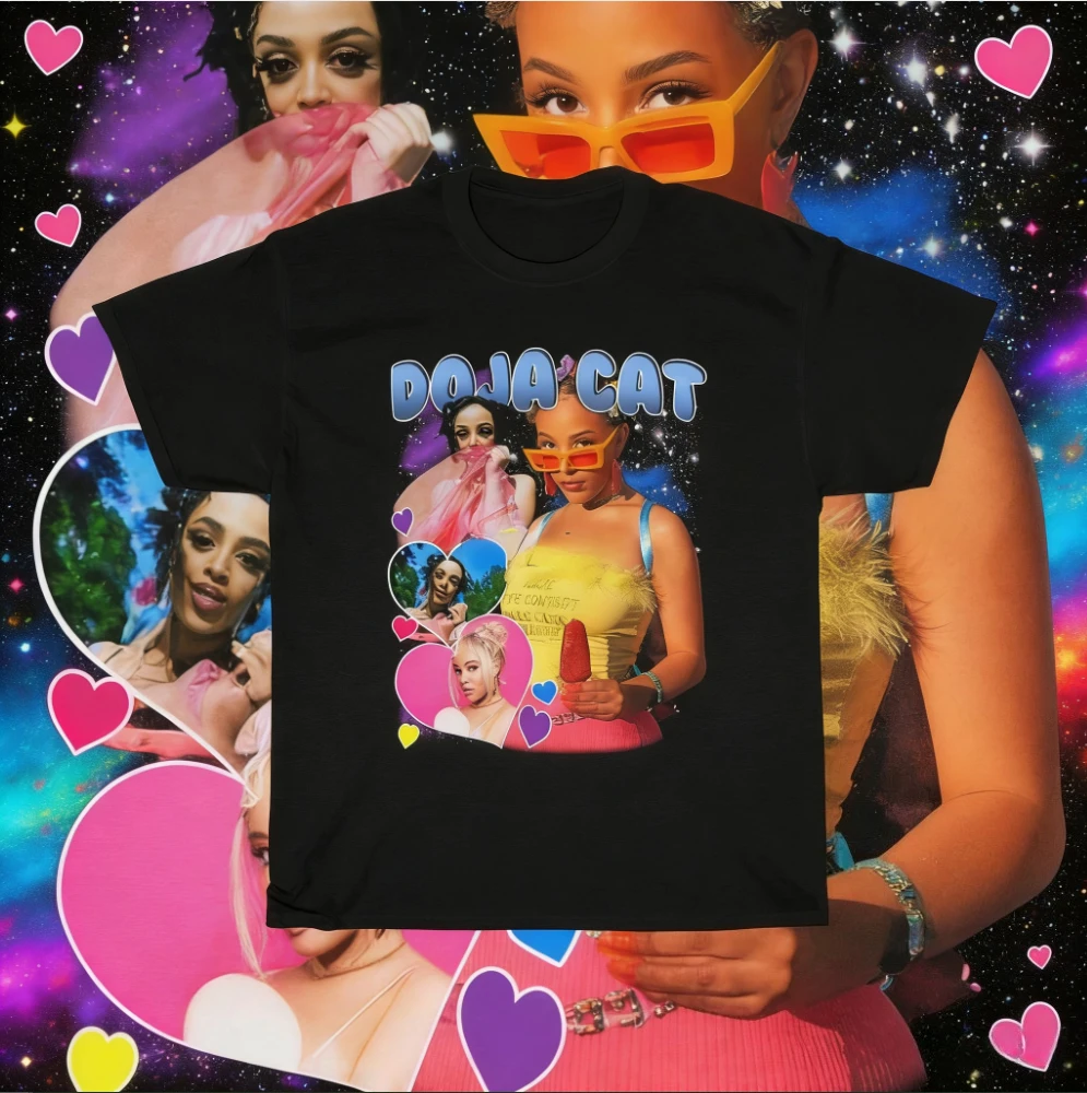 2025-26 الصيف دوجا القط الأساسية الرسم 100% القطن الخالص المطبوعة مغني الراب الهيب هوب الاتجاه R & B تي شيرت للجنسين المتضخم عادية Y2k فضفاض #1