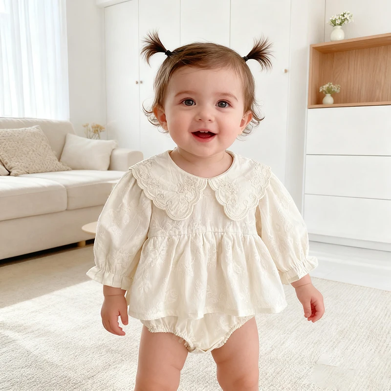 جديد ربيع 2026 بدلة رومبير للأطفال البنات بأكمام طويلة من القطن للأطفال الرضع 0-24 متر ملابس حلوة مطرزة للأطفال #1