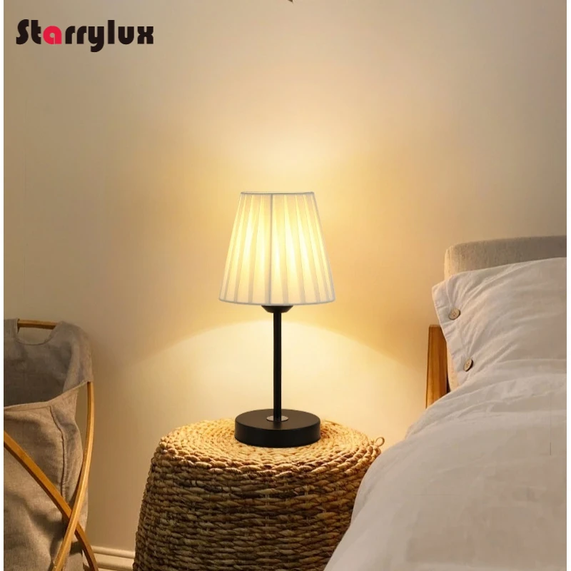 Nordic Retro Fabric Table Lamp, Bedside LED Pleated Night Light, Scandinavian Decor Nightstand Lamp