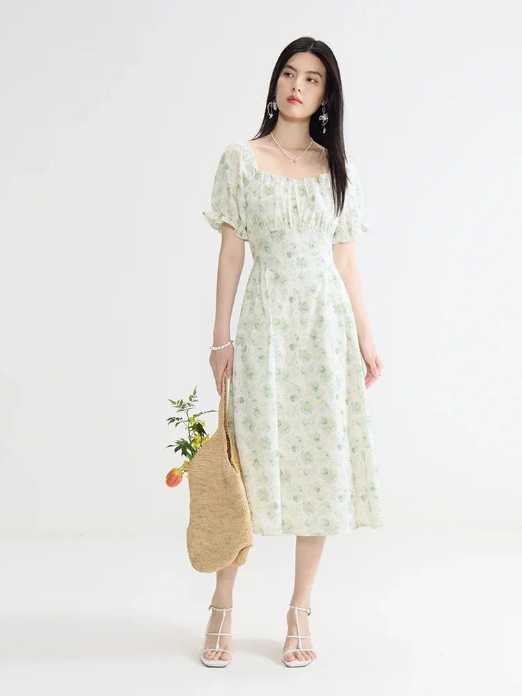 DUSHU Floral Chiffon Long Dress Women Summer Square Neck Short Sleeve Long A-LINE Green Floral Dresses 24DS82798