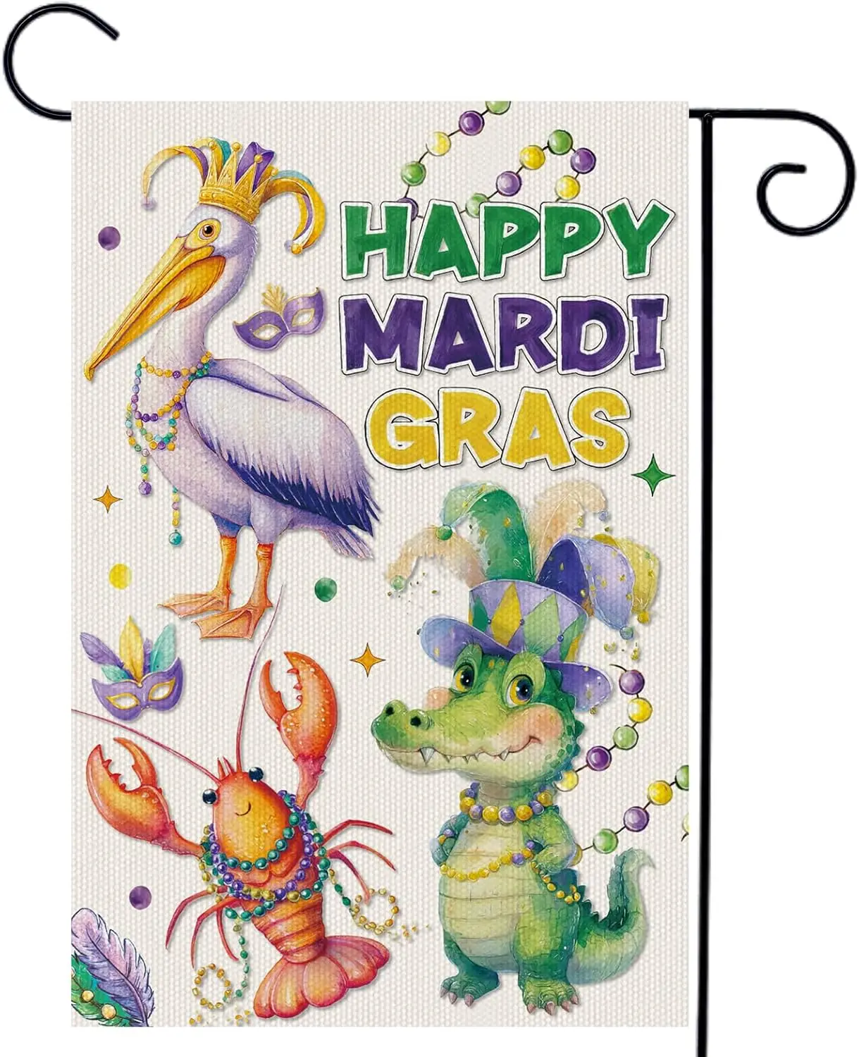 Mardi Garden Flags Decorations - 12x18 Inch Cute Green Alligator Double Sided Outdoor Garden Flag, Happy Mardi Masked Lobste PPM