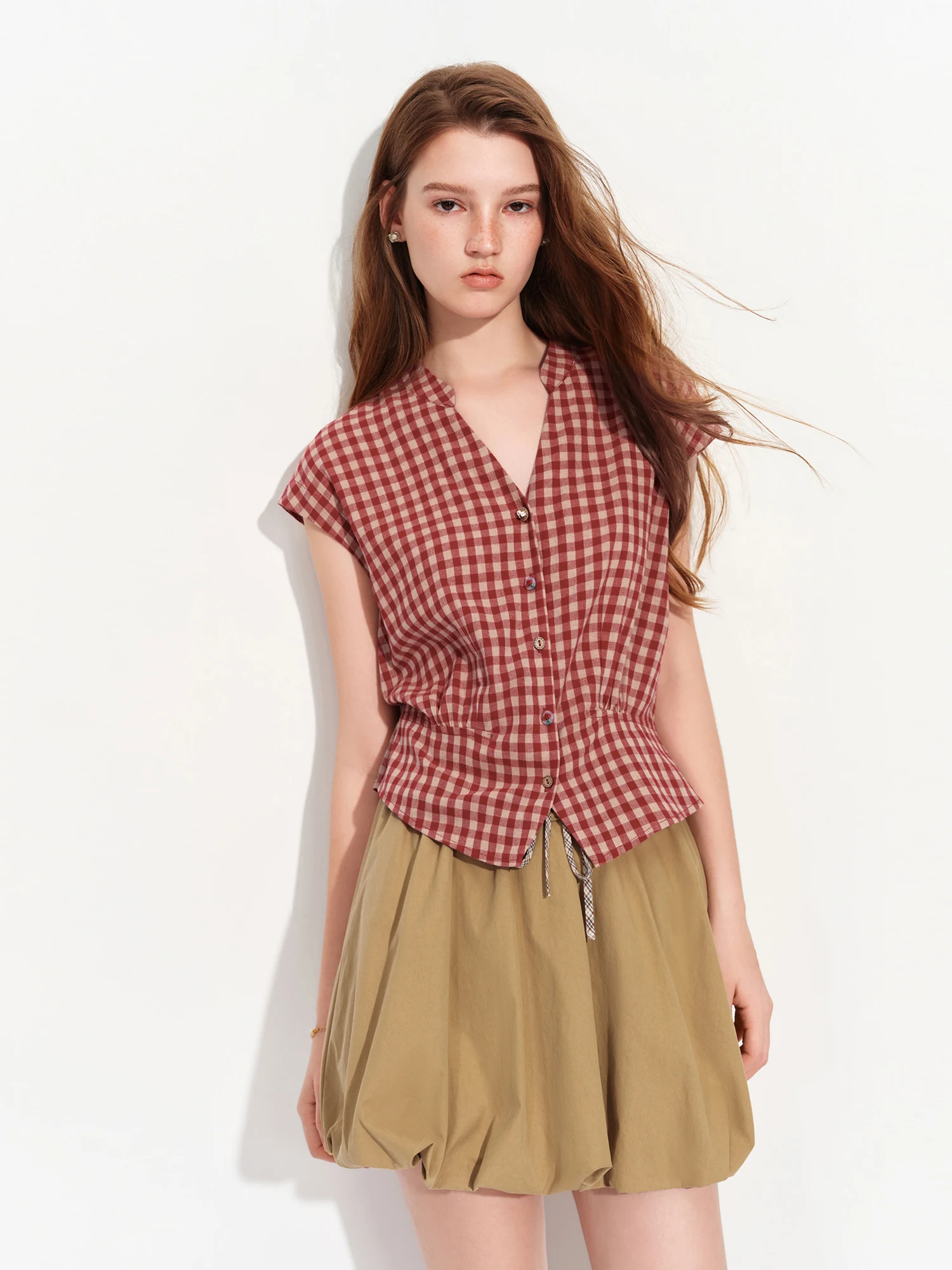 FSLE 2026 Summer Women's Linen V-Neck Cap Sleeve Blouse with Plaid Print and Waist-Defining Fit - Casual Style for Daily Wear