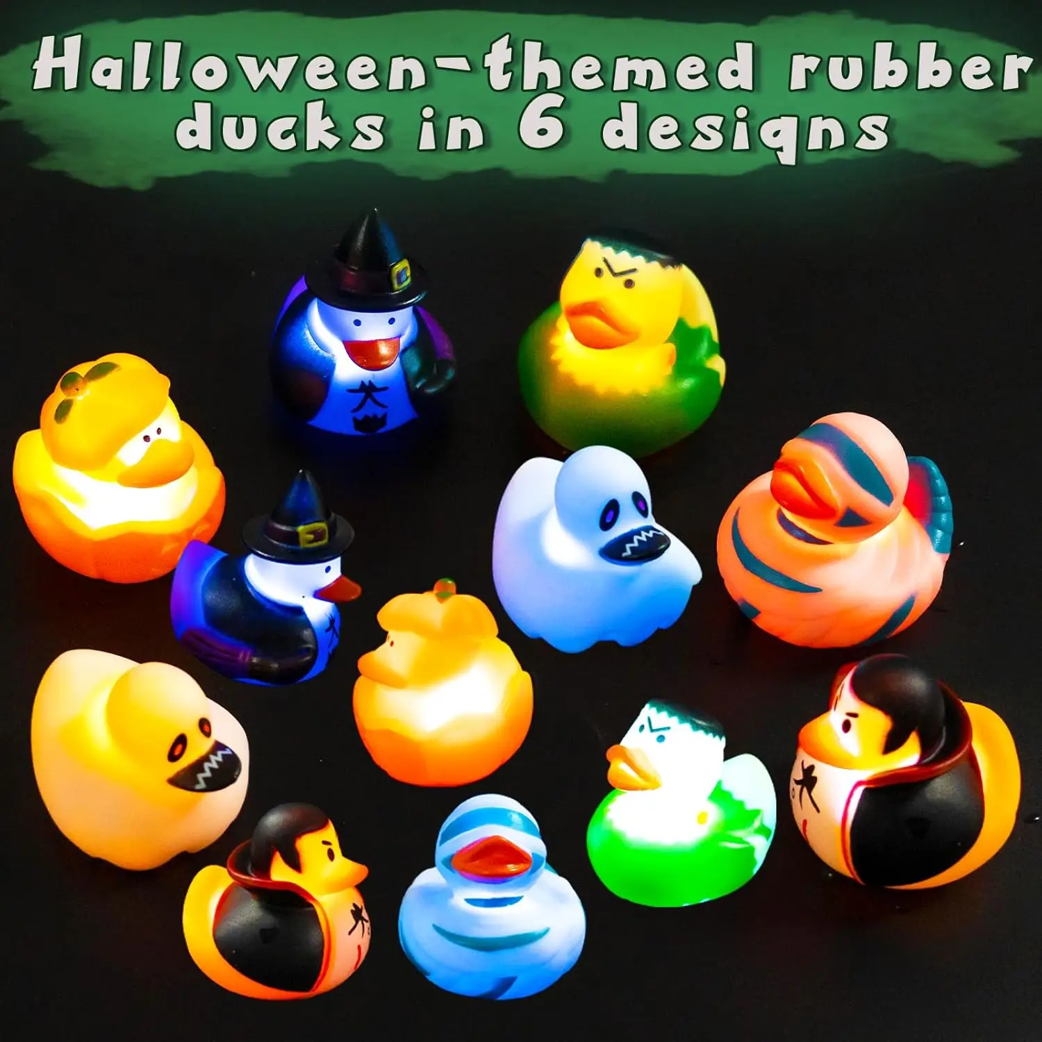 Patos de borracha para festa de Halloween, Light Up Duck, Brinquedo de banho, Monster, Ghost, Trick or Treat, BathtubToy temático para criança