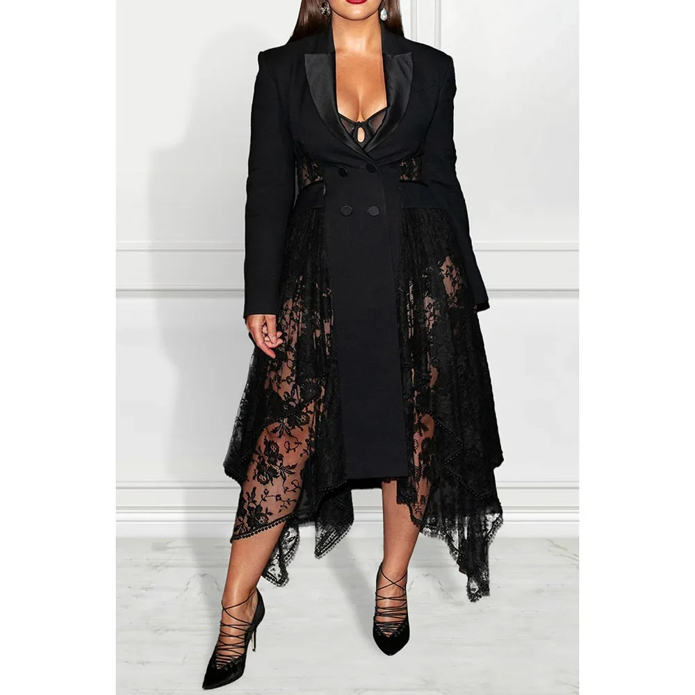 Plus Size Women's Black Dress Business Casual Black Patchwork Lace Blazer Satin Midi Dress