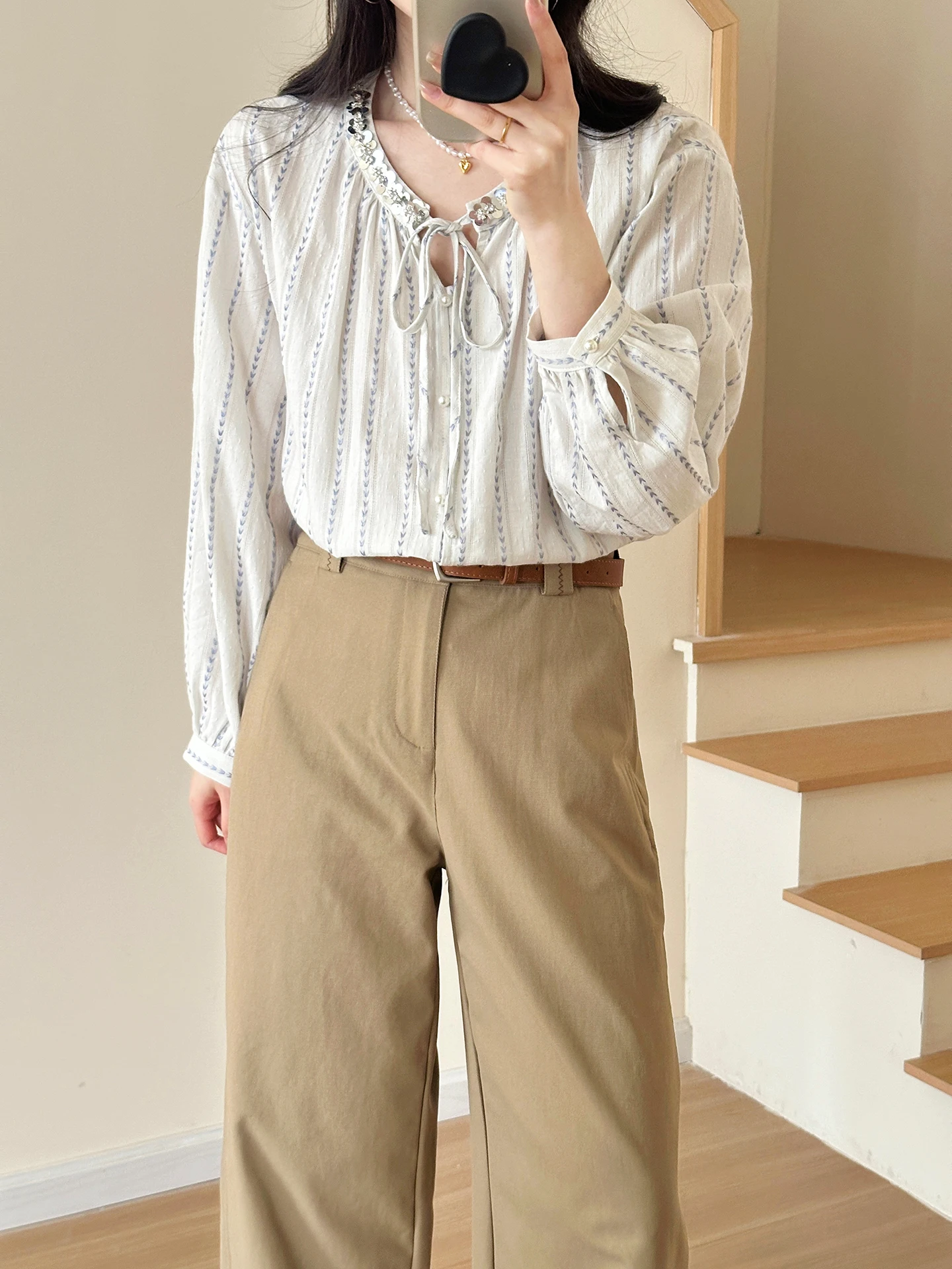 

SweetAnnie Heavyweight iny Sequin Striped Loose Women's Spring Summer irt with Tie V-Ne Bubble Sve Casual Sle Top