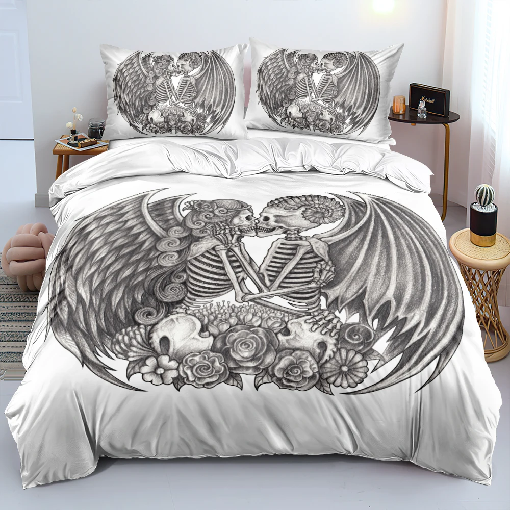 Black And White Beautiful Kiss Skull Bed Linen Comforter/Quilt Cover Set Twin Queen King Size 245x210cm Bedding Set Fashionable