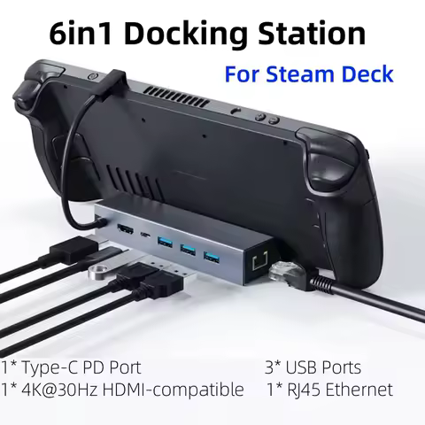6-in-1 Docking Station with 4K HDMI-compatible, Ethernet, 3 USB and PD100W Charge, Compatible with Steam Deck/ROG Ally/Legion Go