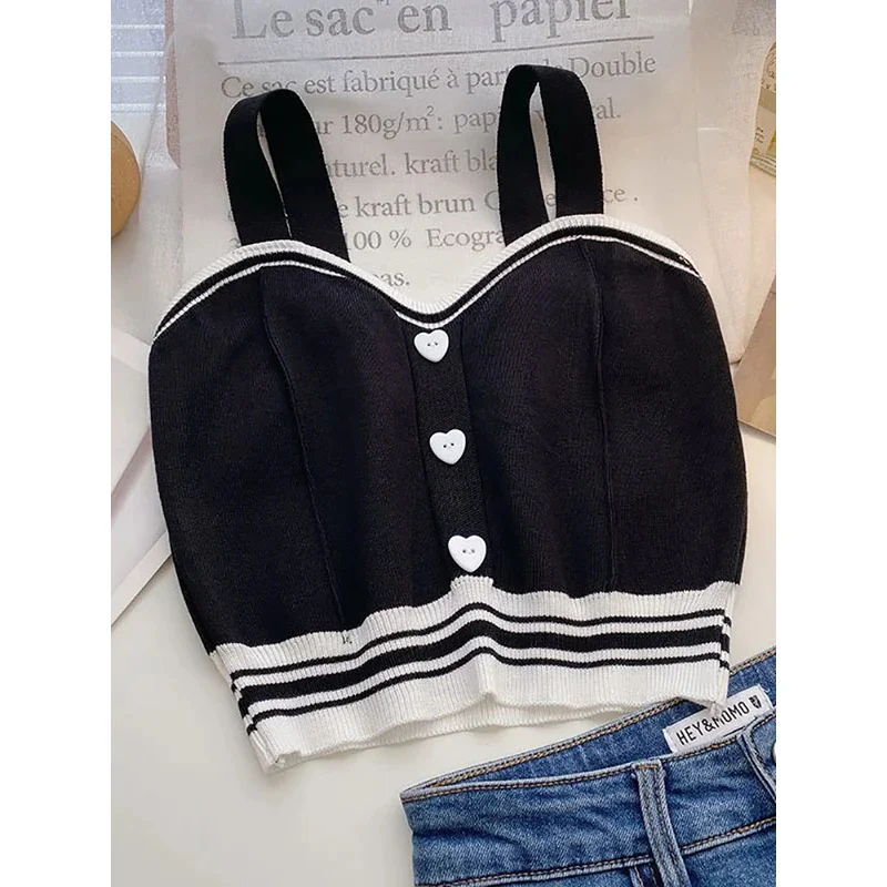 เสื้อสายเดี่ยวถักสำหรับผู้หญิงเสื้อครอปถักมีกระดุมลายน่ารักสำหรับฤดูร้อน