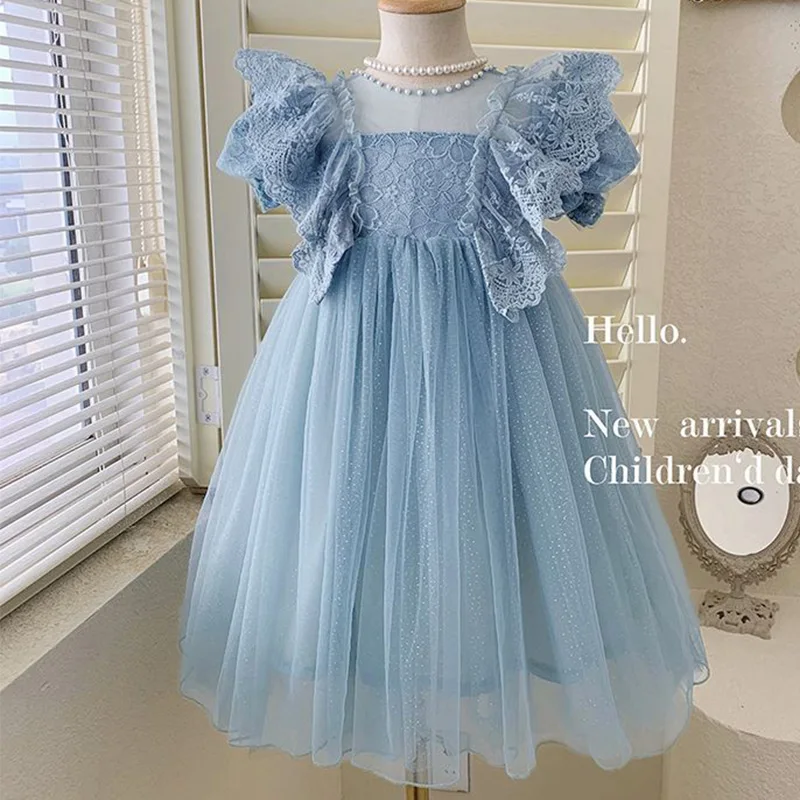 2023 Summer Girls' Pearl Lace Fairy Dress Kids Clothes Round Neck Lace Bubble Sleeved Sleeveless Fluffy Mesh Princess Dresses