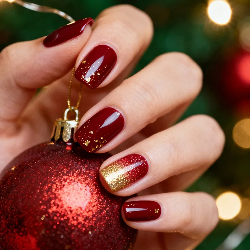 24pcs Wine Red Full Cover Nail Tips Gradient Shiny Gilded Ballet Press on Nails Art Short Square Fake Nails Wearable False Nail