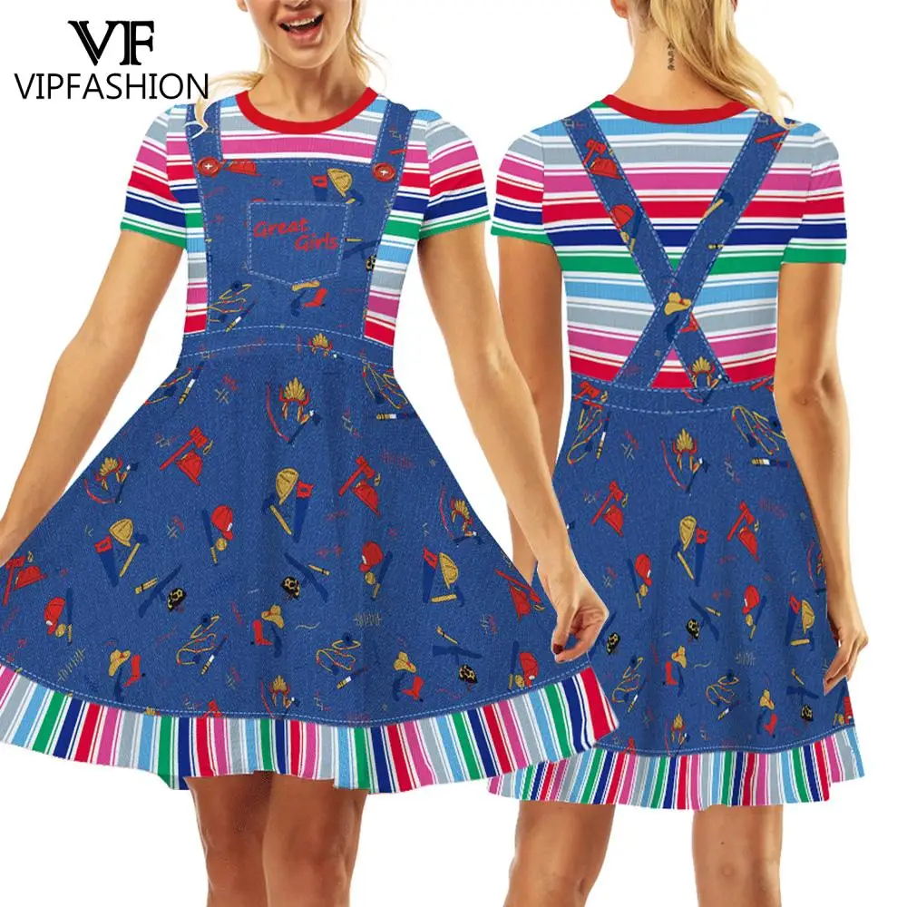 

VIP FASHION Women Chucky Halloween Dress Movie Cosplay Costume Denim Stripes Print Party Dress Performance Outfit Summer Clothes