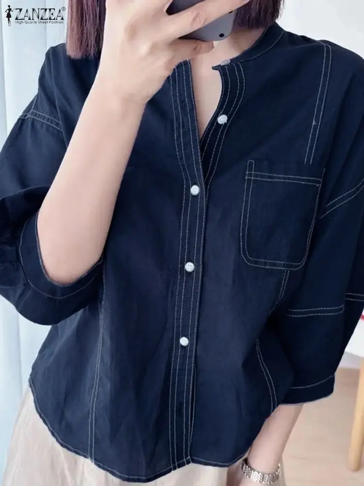 ZANZEA قمصان نسائية بلوزة مرقعة غير رسمية موضة 2025 3/4 كم سترة فضفاضة أزرار جيب للخريف بلوزات كورية للشارع