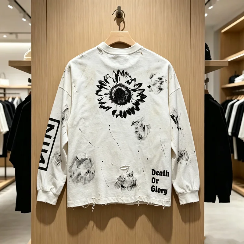 Washed Hole Damaged Death or Glory Saint Nine Inch Nails Box Masked Print T Shirt Men Women Stain Loose Long Sleeve T-shirt
