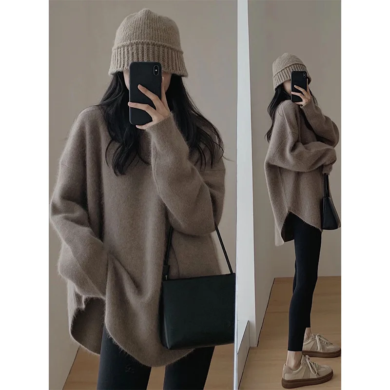 

Chic O-neck Thick Knitted Sweater Women Casual White Loose Cashmere Pullover 2025 Lady Autumn Daily Knitwear New