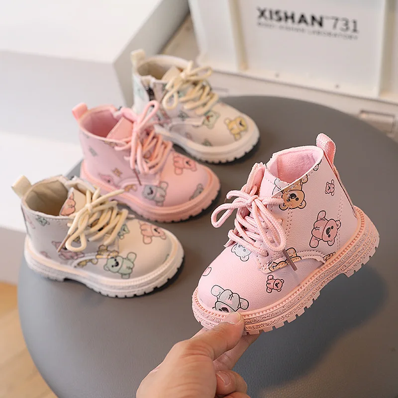 Winter Autumn Girls Boys Warm Cartoon Bear Leather Boots Non-slip Kids Shoes Cute Baby Short Boots Children Cotton Footwear