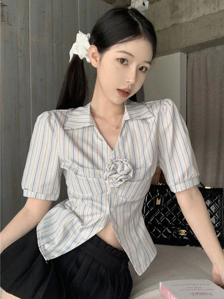 

3d Floral Sweet Striped Shirt Women Sexy Cropped Elegant Slim Blouse Summer Vintage Casual Preppy Style Female Korean Tops