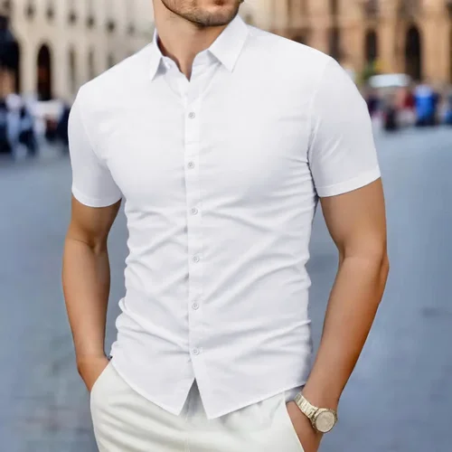 Nueva camisa informal de negocios de manga corta de Color sólido para hombre, moda de verano, sin planchar, Top cómodo y versátil