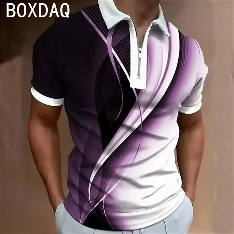 Summer Men's Golf Sport Polo Shirt 3D Striped Gradient Printed Casual Shirt Tops Oversized Men Summer Short Sleeve Lapel T-Shirt