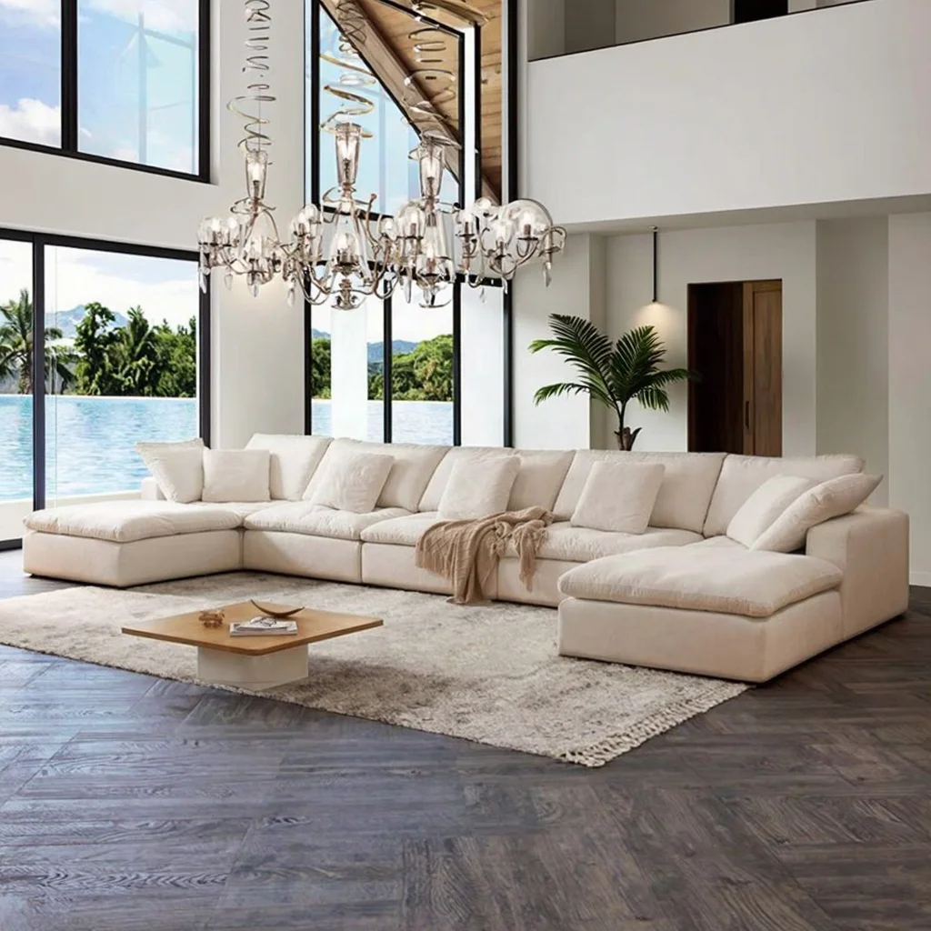 Modern Reversible Lounge Chair L-Shaped Sectional Sofa Deep Seat Feather Tufted Lowland Villa Hotel Apartment School Park