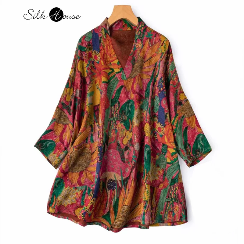 Plus Size Exotic Style Breathable 100% Natural Mulberry Silk Fragrant Cloud Yarn Retro Pocket Design V-neck Drop Sleeves T-shirt