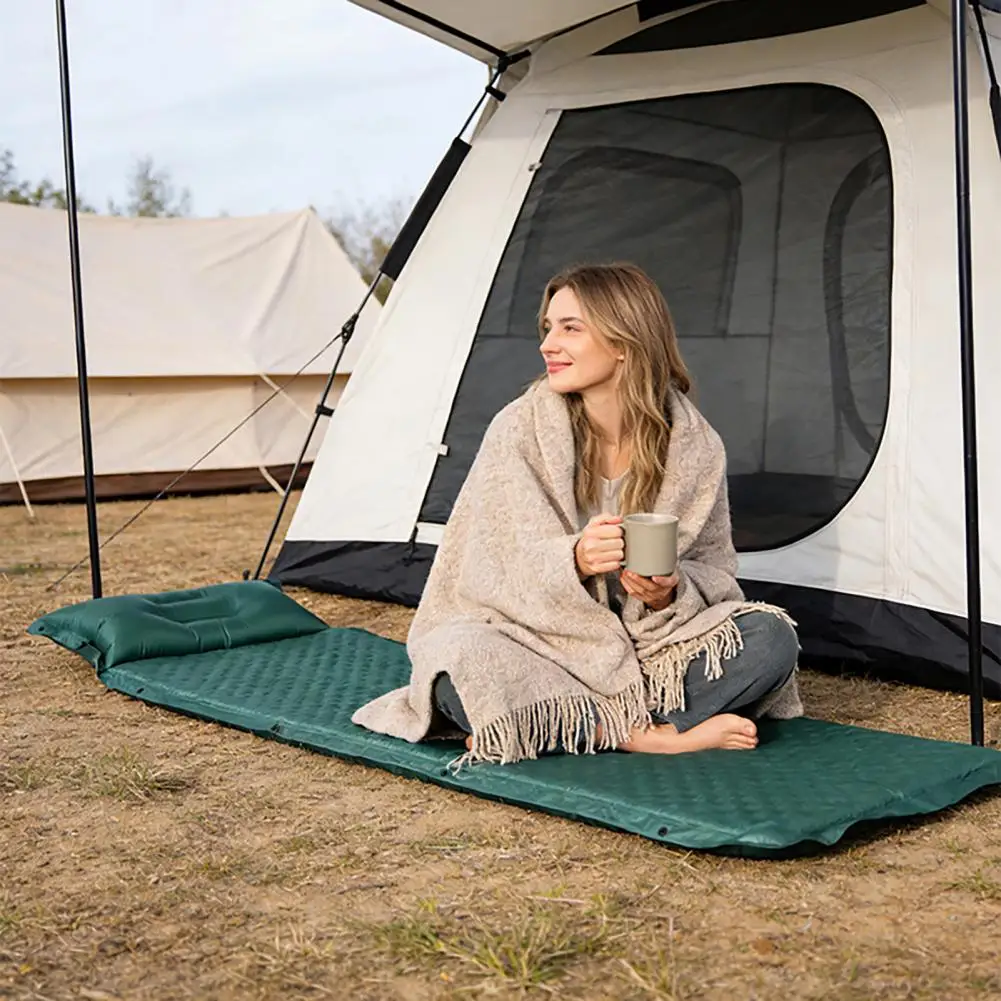 Self Inflating Air Mattress with Head Support Pillow Thick Sponge Sleeping Pad Folding Travel Camping Backpacking Lounge Mat