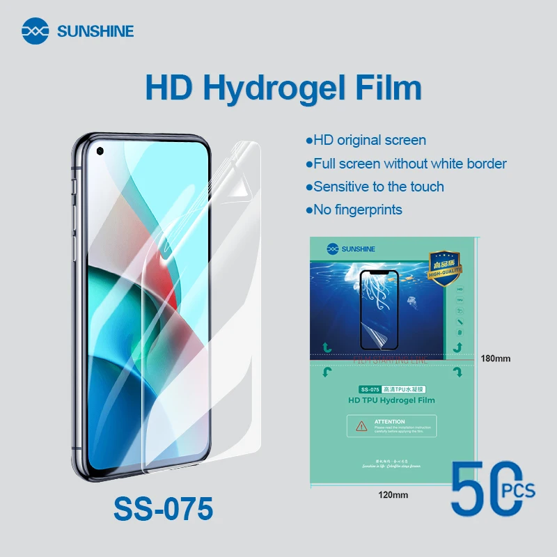 50 Stück neue Original Sunshine SS-075 HD Hydrogelfolie, Auto-Reparatur, mit Schnittcode, SS-075B 075E Anti-Blau-Mattfolie, TPU